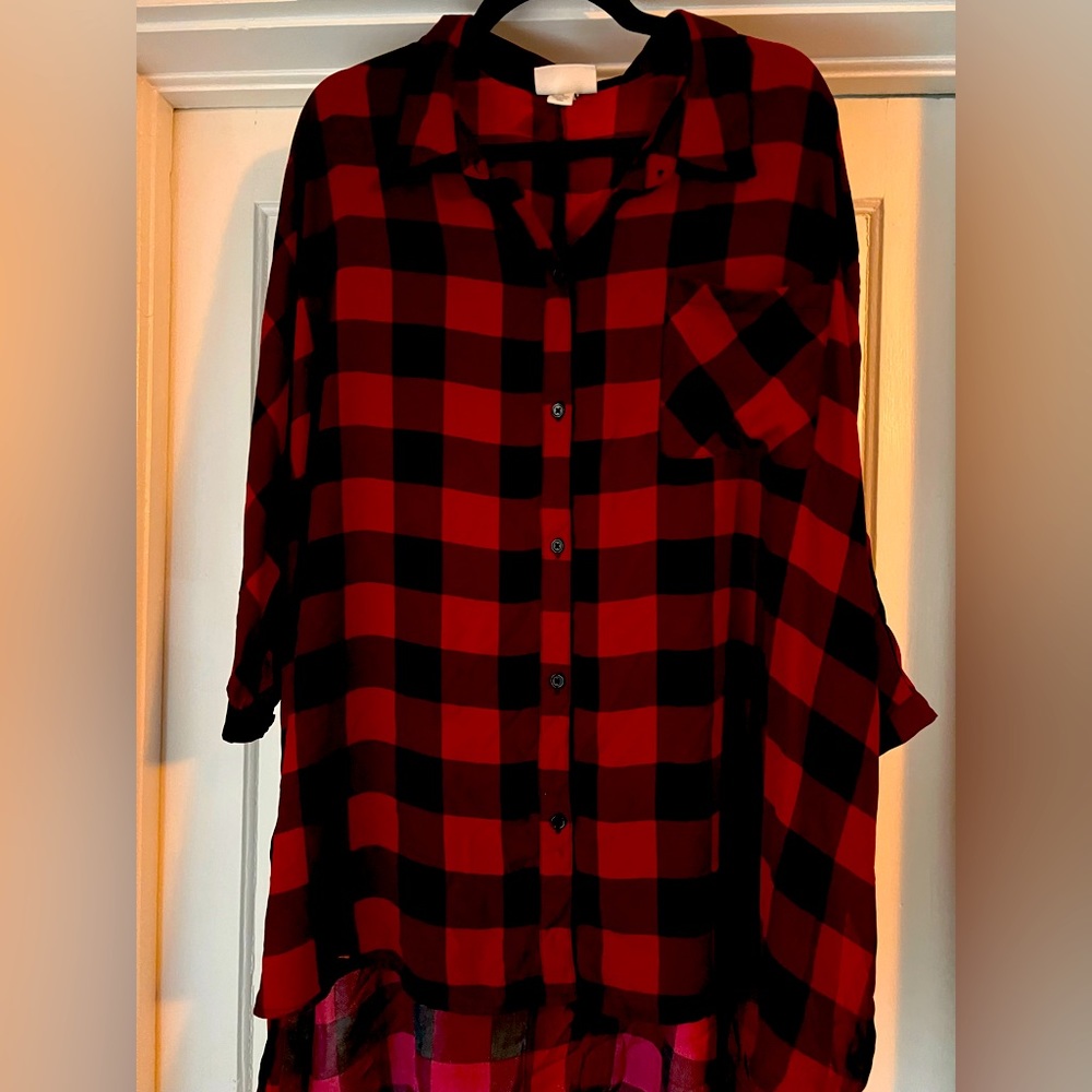 Oversized sheer plaid button down blouse
